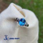 Swiss Blue Topaz Silver Ring with White Stones