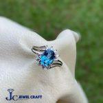 Swiss Blue Topaz Halo Cluster Ring – White Gold Plated