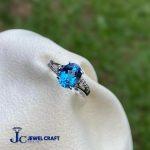 Swiss Blue Topaz Silver Ring with White Stones